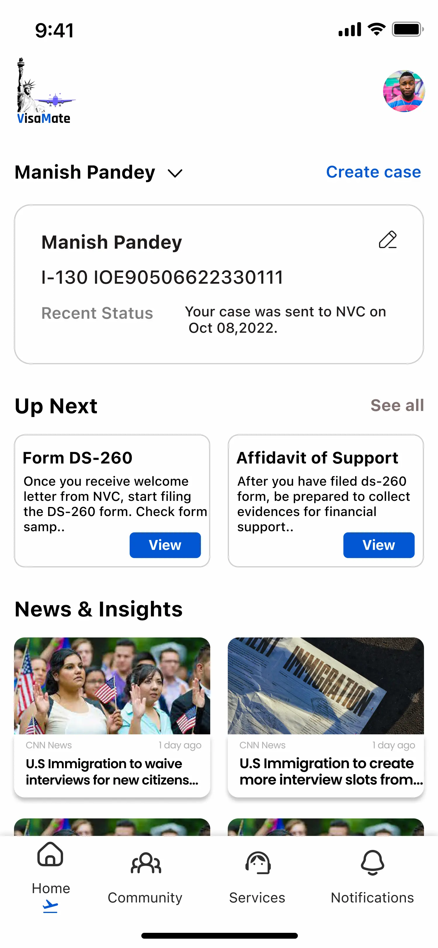 Case tracking feature displayed in the app screen.