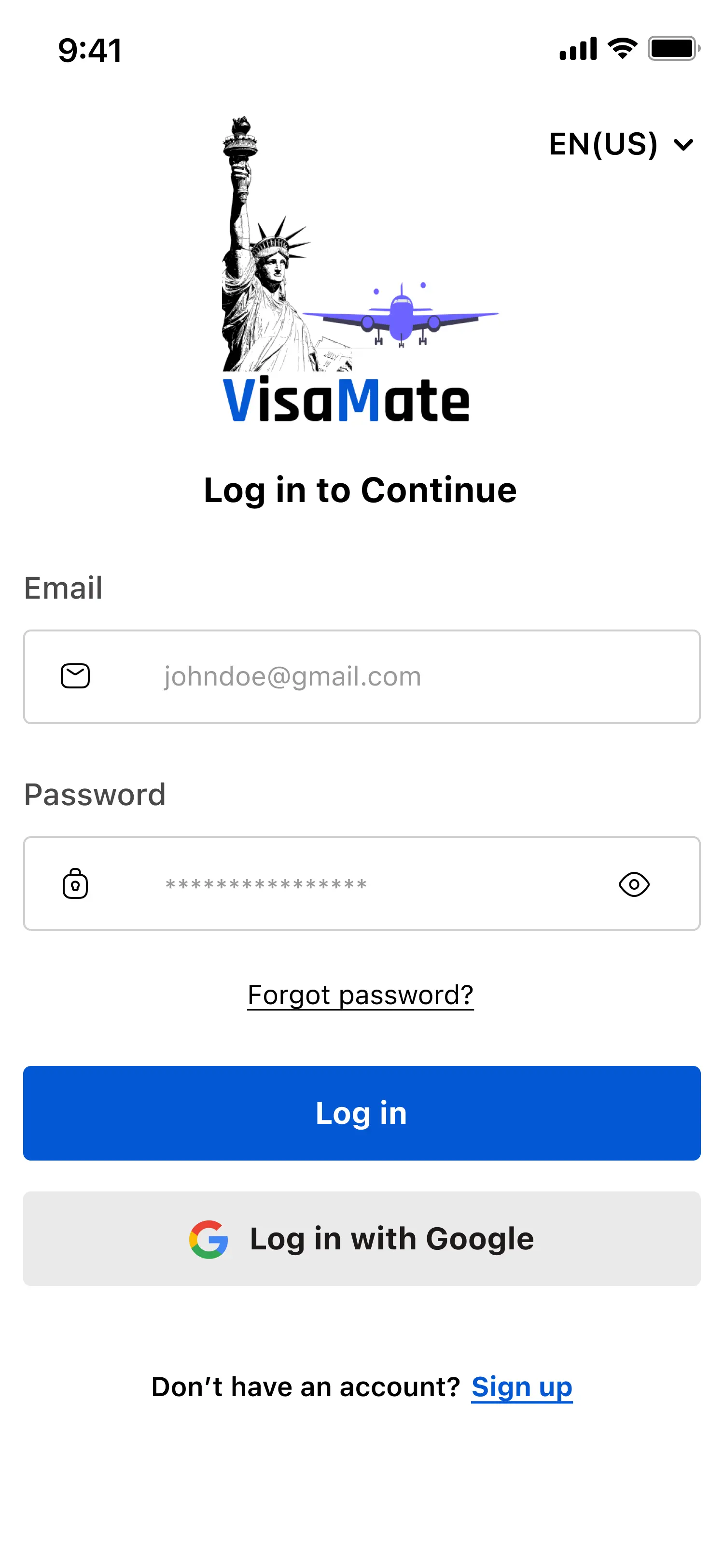 Login/Signup Screen of the VisaMate mobile application