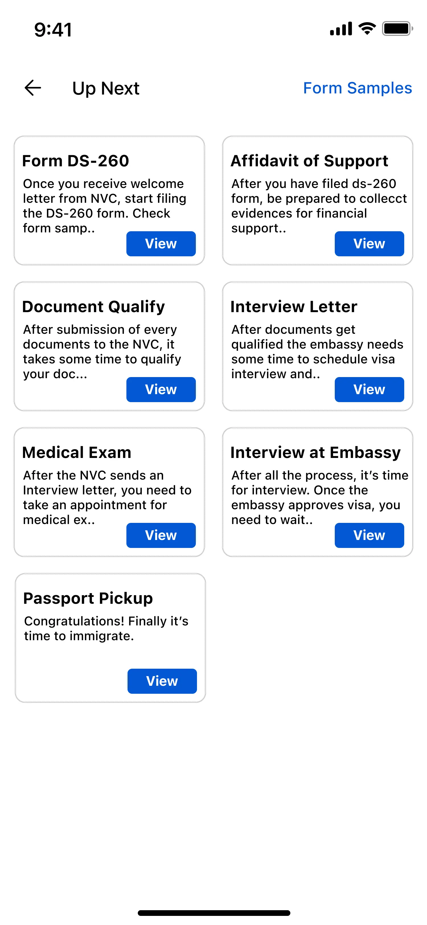Screen showing Upcoming steps in the visa journey process.